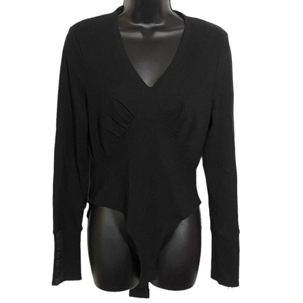 7 For All Mankind Bodysuit Black Ribbed Long Sleeve V-Neck Women’s Size Medium